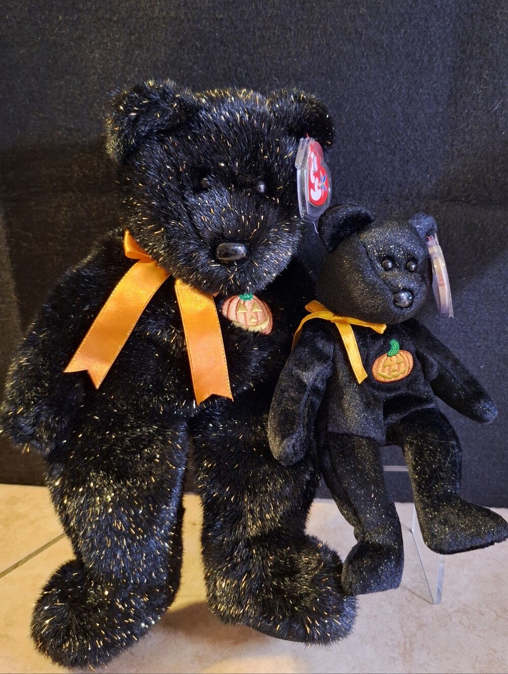 TY Halloween Set Of 2 Sparkly Bears Beanie Buddy 14" Glitter 8" Bear Plush 2001